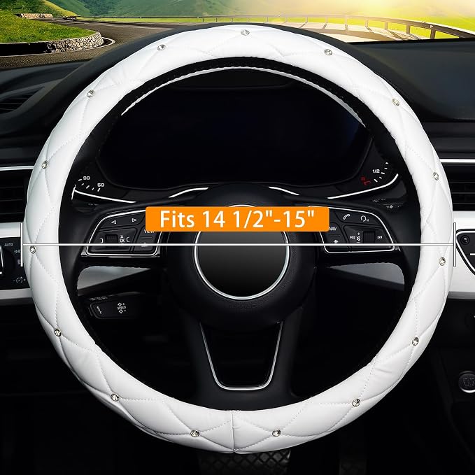 Diamond Soft Leather Steering Wheel Cover with Bling Bling Crystal Rhinestones, Universal 15 inch, Pure White