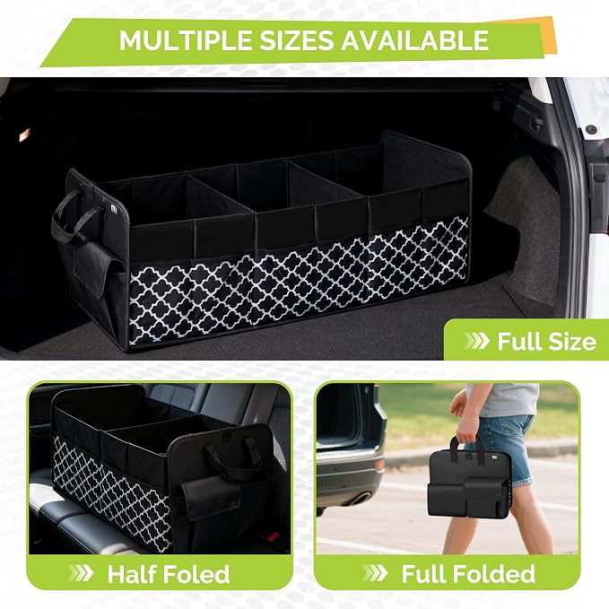 Trunk Organizer for SUV, Car Organizer, Collapsible Trunk Organizer for Car, Non-Slip Storage Organizer for Sedans, Van, Jeep, Grocery, Large 4 Compartments, Black Grid 32"×13"×12"