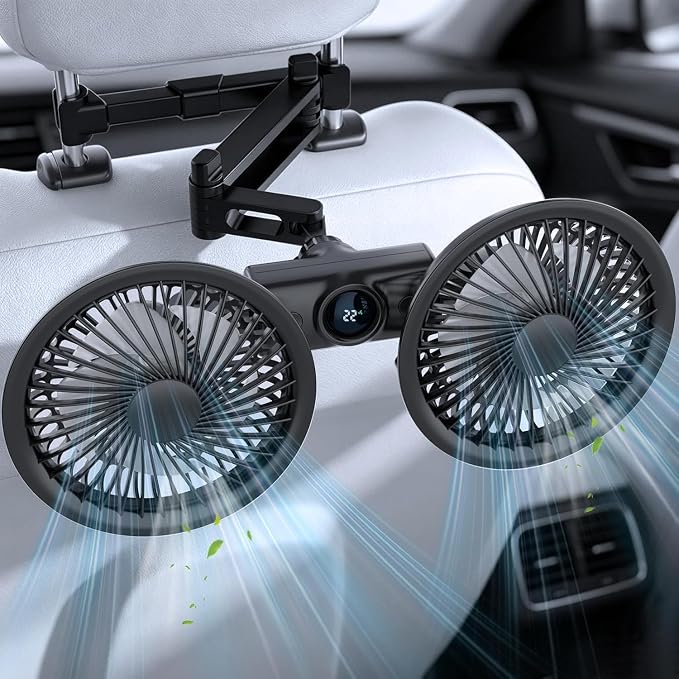 Pelidox Car Fan for Backseat - 3 Speeds 360° Rotation Dual Head USB Back Seat Cooling Fan Kids Baby Quiet Fan with LED Display for Almost Vehicle Jeep Van RV Truck