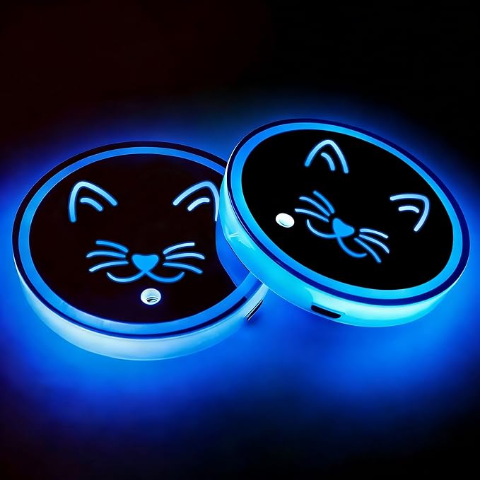 2Pcs Cat LED Car Cup Holder Coasters 7 Colors 3 Modes Lights Up Cups | with USB Charging of Car Accessories for SUV Trucks Sedans,Waterproof Interior Atmosphere Lamp,Cat Mom Gifts for Women Men