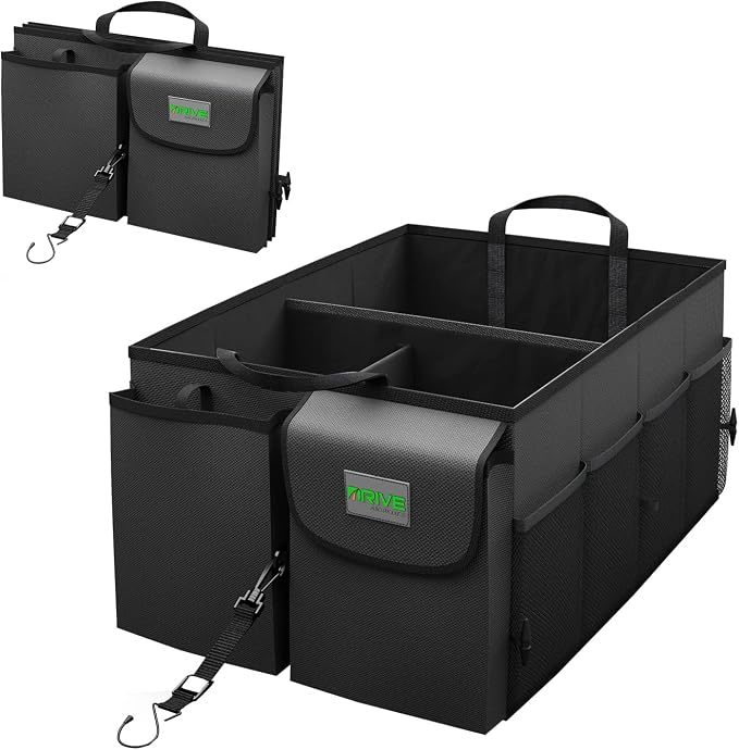Car Trunk Organizer - Collapsible, Multi-Compartment Automotive SUV Car Organizer for Storage w/Adjustable Straps - Truck & Car Accessories for Women and Men - Black