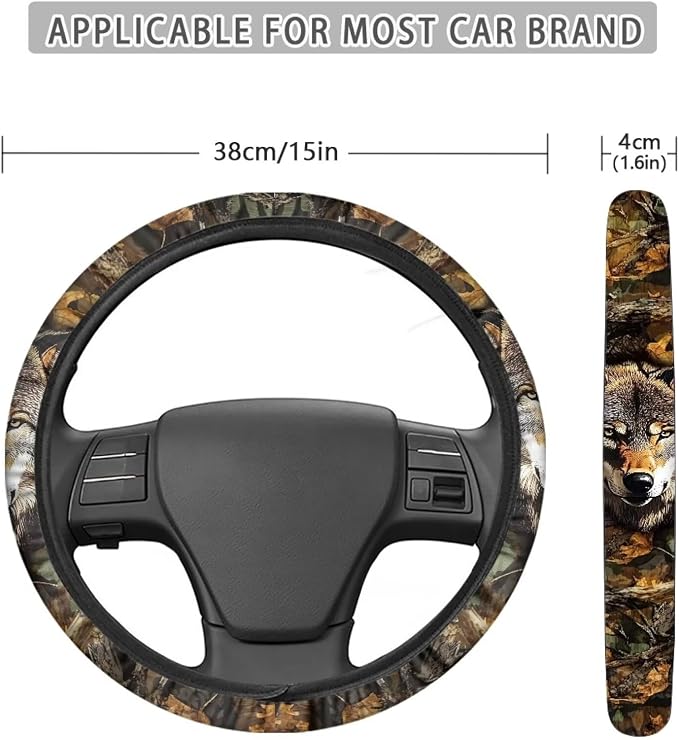 Wolf Camo Hunting Forest Car Steering Wheel Cover 15 Inch, Soft Stretch Anti-Slip Washable Car Accessory Decor Universal Fit for Sedan SUV Truck