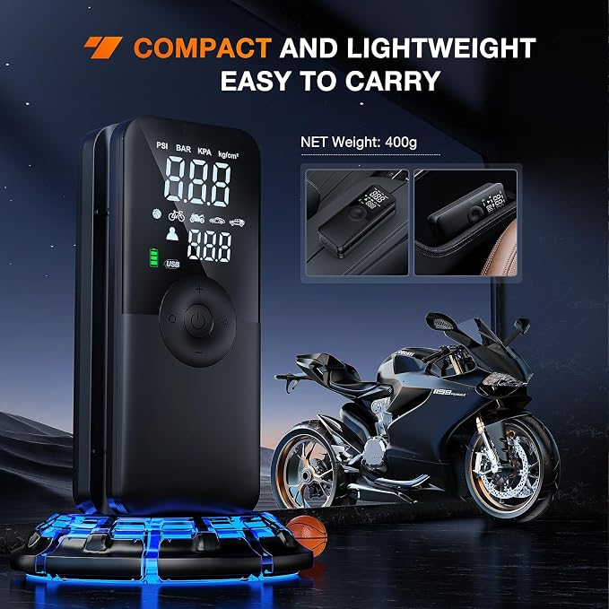Tire Inflator Portable Air Compressor Rechargeable Battery Cordless 150PSI Faster Inflation Pump with Pressure Gauge for Car Motorcycle Bicycle Ball