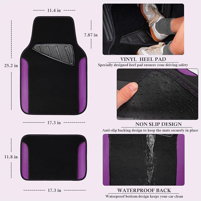 Faux Leather Steering Wheel Cover and Waterproof Car Floor Mats,Universal Car Combo Fit for 95% Sedan,SUV,Cars,14.5-15inch Sporty Anti-Slip Safety Comfortable Design(Black＆Purple)