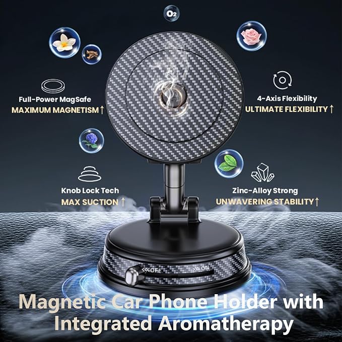 Aromatherapy Magnetic Car Phone Mount, Built-in Strong N52 Magnet, Reusable Suction Cup & 4-axis Adjustable. Package Includes 6 Solid Fragrance Refills and 1 Metal Ring Sticker.（Grey ）
