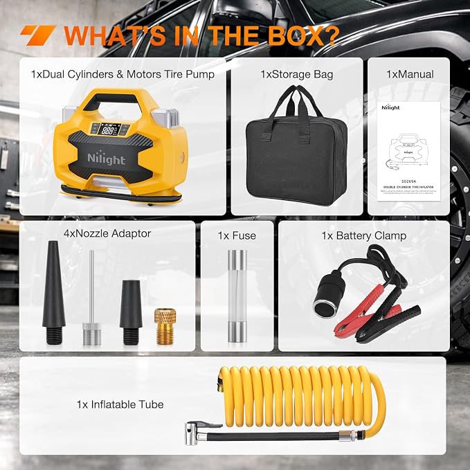 Portable DC 12V Heavy Duty Tire Inflator Dual Cylinders and Dual Motors Tire Pump 150PSI Air Pumps Auto Shutoff with Screen and LED Light Air Compressor for Pickup Truck ORVs SUVs Cars
