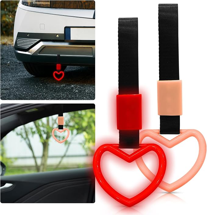 2 Pcs Heart Shaped Car Handle Strap – Drift Charm Rear Bumper Warning Ring Decor for Car Interior Exterior, Subway Bus Handle Accessory, Cute Heart Car Decor Gift for Women & Men (Luminous Red)