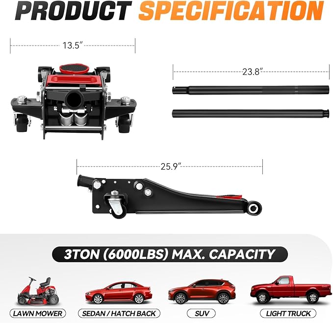 3 Ton Low Profile Floor Jack, Heavy Duty Steel Hydraulic Car Jack with Dual Pistons Quick Lift Pump, Hydraulic Racing Floor Jack, Lifting Range 3" to 20", Black