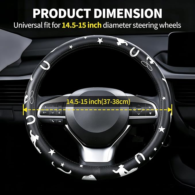 Western Cowboy Pattern PU Leather Steering Wheel Cover, Non-Slip Neoprene Lining, Universal Fit 14.5-15 Inch for Car, Truck, SUV