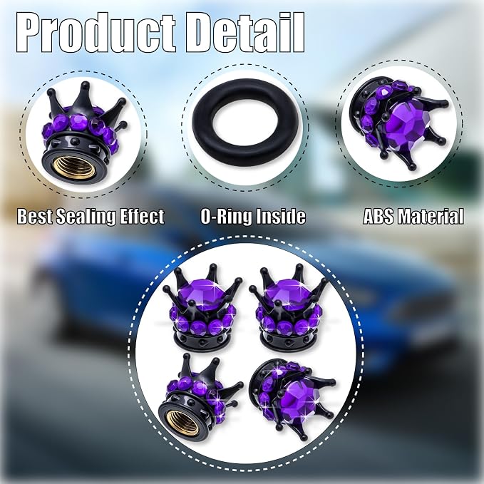 4PCS Crown Bling Tire Stem Valve Caps, Crystal Diamond Car Wheel Tire Valve Caps Universal Copper Core Stem Covers for Cars, SUV, Trucks, Bikes, Motorcycles, Bicycles (Black & Purple)