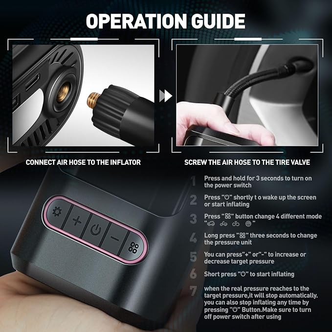 Tire Inflator Portable Air Compressor, 150PSI Cordless Air Pump for Car, Bike, Motorcycle, Ball, Electric Bike Tire Pump with Pressure Gauge, LED Light, Pink, TOOLS-00678-PK