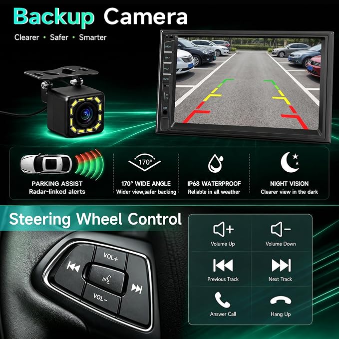 Car Stereo Double Din Radio with Bluetooth, Car Radio Touchscreen 7 Inch MP5 Player Car Stereo with Backup Camera Bluetooth, Mirror Link, FM/SWC/USB/SD/AUX, Car Audio Receivers with Subwoofer