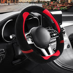 Furry Cute Soft D Shaped Steering Wheel Cover 15 inch Black Red | Fluffy Short Plush Car Accessories, Non-Slip Cold-Proof Sweat-Proof Colorfast, Universal 14.5 inch to 15 inch