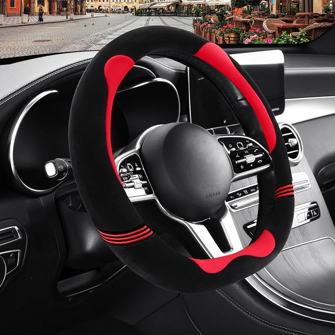 Furry Cute Soft D Shaped Steering Wheel Cover 15 inch Black Red | Fluffy Short Plush Car Accessories, Non-Slip Cold-Proof Sweat-Proof Colorfast, Universal 14.5 inch to 15 inch