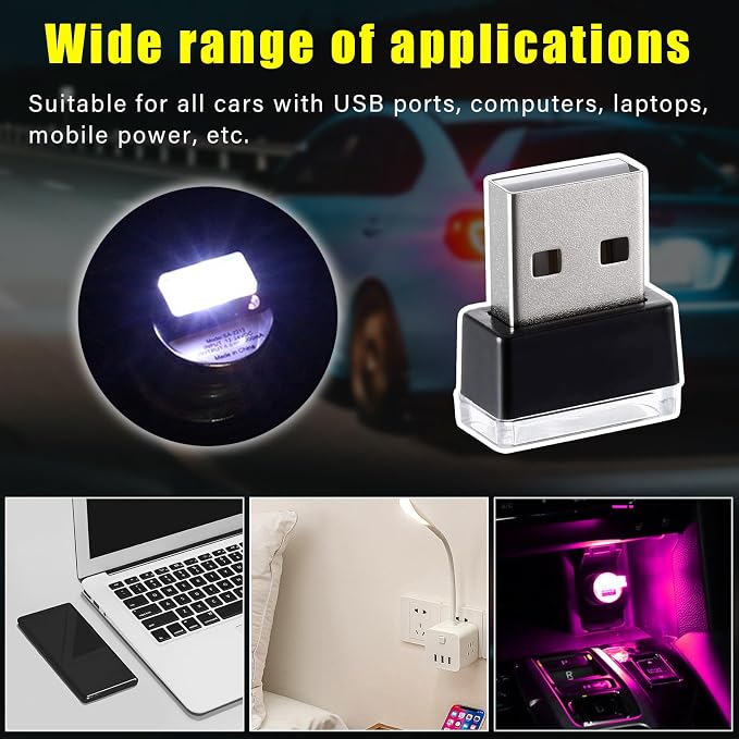 4 PCS USB LED Car Interior Atmosphere Lamp, Plug-in USB Decor Night Light, Portable Auto Ambient Lighting Kit, Universal Vehicle Interior Accessories for Most Cars (White & Purple)