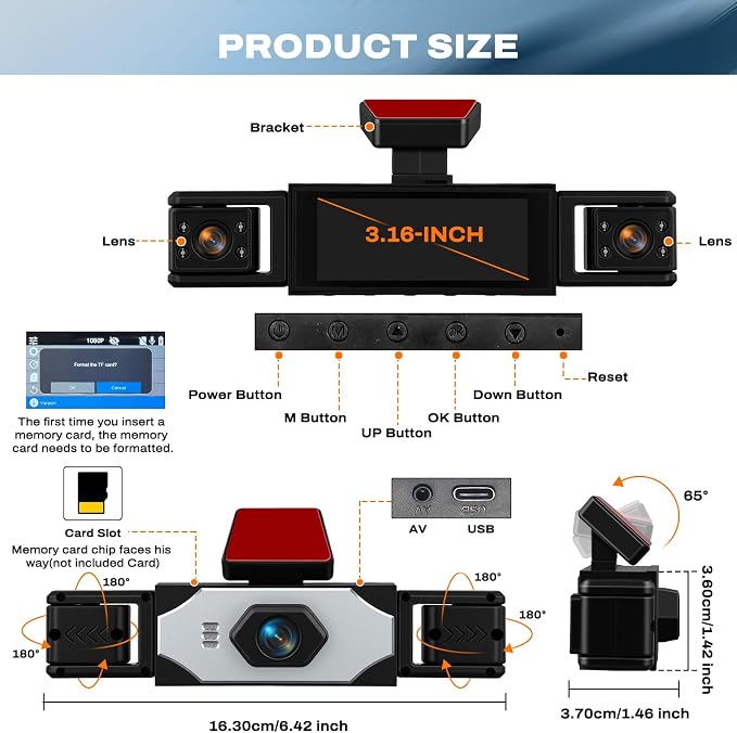 360 Degree View 4 Channel Dash Cam 1080 P Front and Rear Inside, Left and Right Dash Camera for Cars, 3.16 Inch Night Vision, Loop Recording, Exposure Compensation, Reversing Assistance