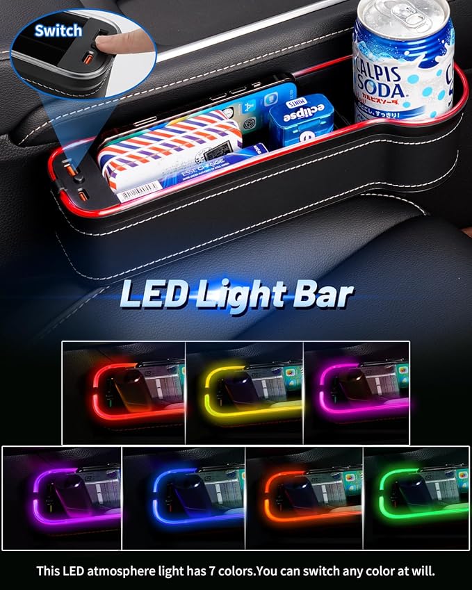 LED Car Seat Gap Filler Organizer Console Side Storage Box Between Seats with Cup Holders RGB Color Changing Storage Front Seat Gap Filler with USB Charging Car Interior Accessories (2 Pack)