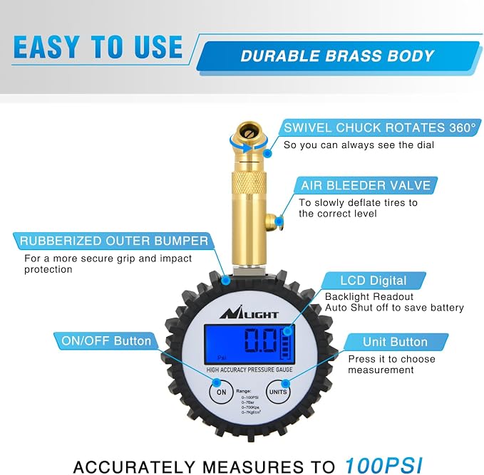 Digital Tire Pressure Gauge 100PSI Heavy Duty Stainless Steel Air Chucks ANSI 2A Certified Large Dial Wheel Service Checker for Truck Semi Truck ATV Motorhome Cars & RV Accessories