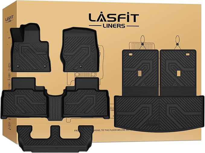 Floor Mats & Cargo with Backrest Mat for Ford Explorer 7 Seats 2020-2025 2026 7 Passenger(Not Fit 6 Seats), Custom Fit All Weather Protector TPE Easy Clean Floor Liners, 5pcs Full Set Black