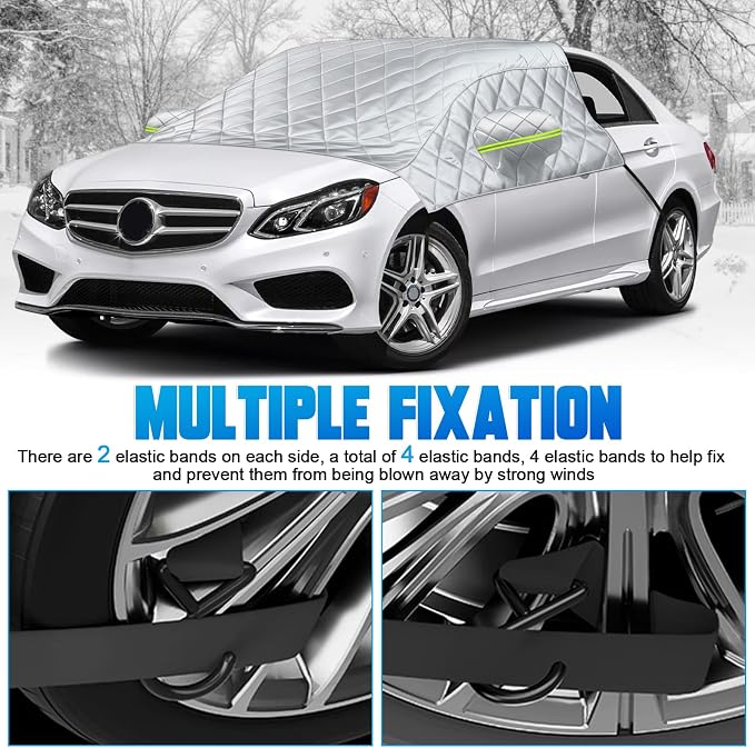 6 Layers Windshield Snow Cover Universal Midsize Sedan/Compact SUV Protection Hail & Snow Shield | Scratch-Free Hooks + Reflective Strips + Mirror Covers