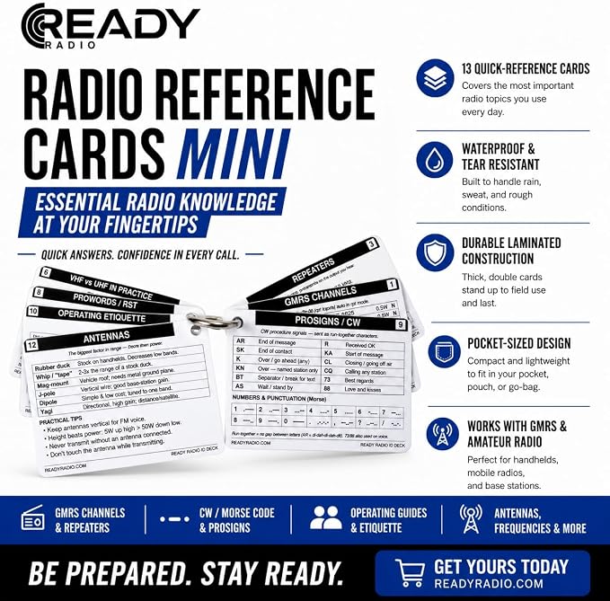 Mini Radio Reference Cards – Waterproof Pocket Guide for GMRS, Ham Radio, Amateur Radio, FRS, MURS & NOAA Weather Frequencies – Credit Card Size Emergency Communications Field Reference