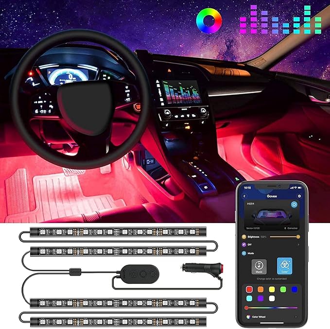 Car LED Lights, RGB Smart Car Interior Lights, App Control | DIY Mode and Music Mode, 2 Lines Design LED Lights for Cars with Car Charger, 12V