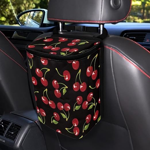 Black Cherry Pattern Car Trash Can with Lid, Leak Proof Auto Trash Bag Hanging Vehicle Garbage Can Multipurpose Storage Container for Back Seat Road Trip