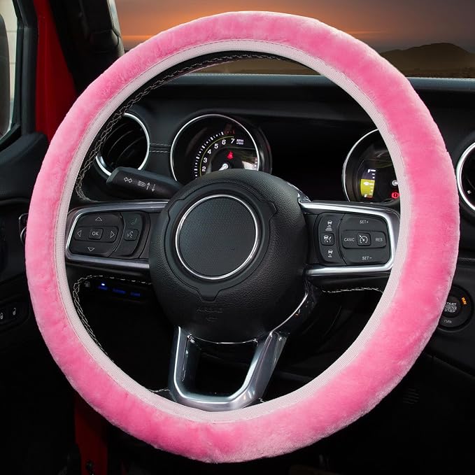 Pink Elastic Fuzzy Steering Wheel Cover,Microfiber Plush Steering Wheel Cover for Woman Girl,Winter Warm, Universal 15 inch