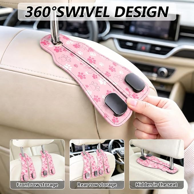 Cute Pink Paw Car Seat Back Storage Headrest Hooks for Purses & Bags – 2PCS PU Leather Dual Metal Hooks, Backseat Organizer Accessories