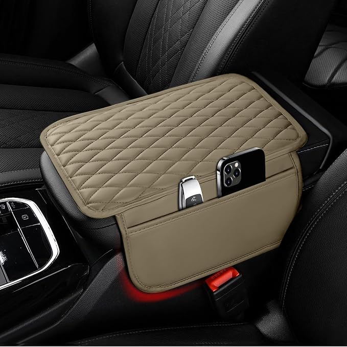 Car Center Console Cover Upgraded Microfiber Leather Car Arm Rest Cover with 2 Storage Bags Universal Armrest Cover for Car Storage Box Car Interior Accessories Protector for Most Vehicle-Beige