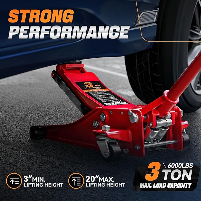 3 Ton Low Profile Floor Jack, Heavy Duty Steel Hydraulic Car Jack with Dual Pistons Quick Lift Pump, Hydraulic Racing Floor Jack, Lifting Range 3" to 20", Red