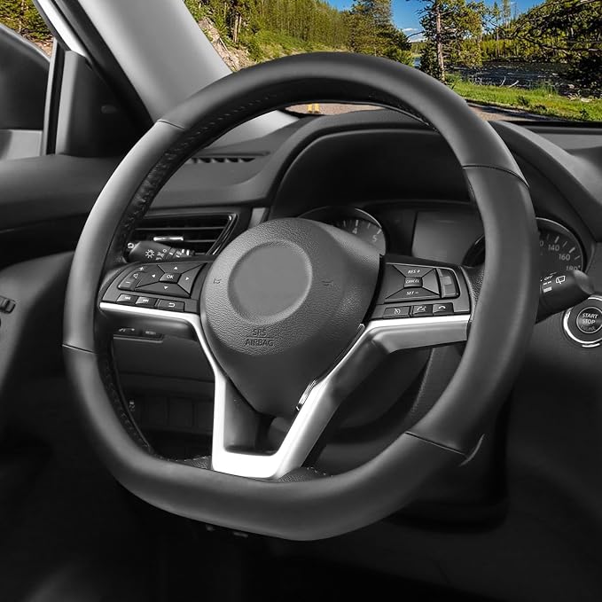 Flat Bottom Steering Wheel Cover, D Shaped Car Wheel Cover 14 1/2-15 in. (37-39 cm), Black Microfiber Leather