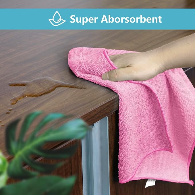 Pink Microfiber Cleaning Cloth, 50 Pack Cleaning Towels for Kitchen, Lint Free, Scratch-Free, Highly Absorbent, and Reusable Cleaning Rags for House, Window and Glass, Cars, 11.5 X11.5 inch