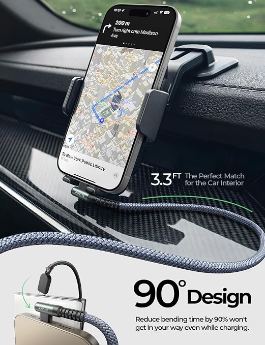 AINOPE USB A to USB C Cable Short 3. 3FT 2-Pack Right Angle Fast Charging & Data Sync Nylon Braided Carplay Android Auto Car Charger Cord for iPhone 17 16 15 Samsung Galaxy iPad Pro Air Android Phones