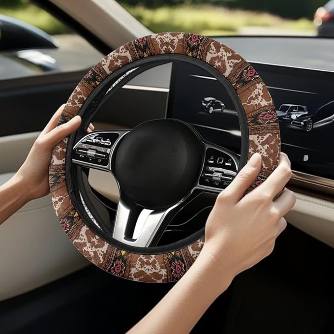 Auto Steering Wheel Cover Universal Stretch 15 Inch Anti-Slip Neoprene Car Steering Wheel Protector for Women Men, Aztec Brown Beige Cow Print