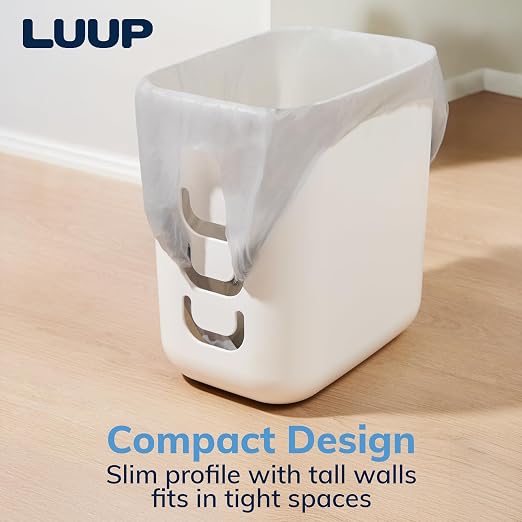 Luup Trash Can (White) - Reuse Grocery Bags - Plastic Garbage Container for Bathroom, Vanity, Laundry Room, Kitchen, Office, Garage - 2.5 Gallon Wastebasket with Hooks to Secure Trash Bags
