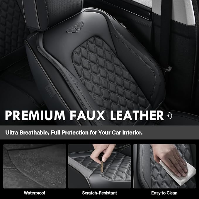 Coverado Front Seat Covers, Waterproof Nappa Leather Anti-Scratch Protectors, Universal Fit for Sedans, SUVs, Pickups, Car Accessories, Waterproof Seat Covers-Black