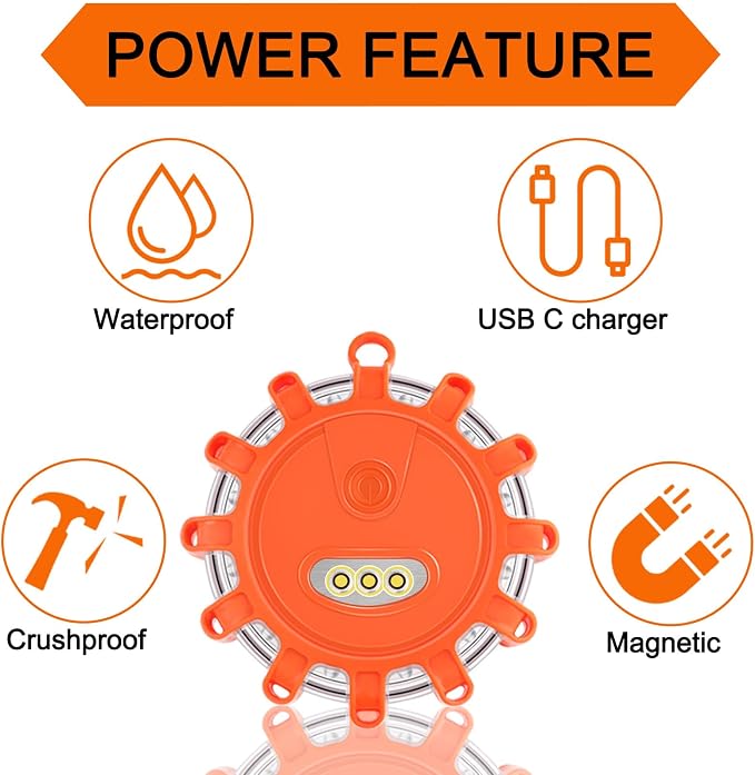 Meliya USB Rechargeable LED Road Flares Emergency Lights with Magnetic Base, 9 Strobe Options Roadside Emergency Warning Car Safety Beacon Flashing Disc Flare Kit for Vehicles & Boat