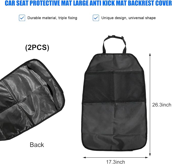 2 PCS Back Seat Cover for Kids, Car Kick Mat Seat Protector with 2 Storage Pockets, Premium Water Resistant Backseat Kick Mats Protect Vehicle from Dirt, Mud, Scratches