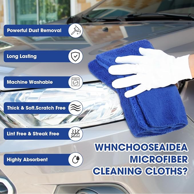 30 Pcs 16 x 16 Inch Edgeless Microfiber Plush Towels for Cars Detailing Drying Wash Polishing Absorbent Cleaning Cloths, 500 GSM (Blue, Gray)