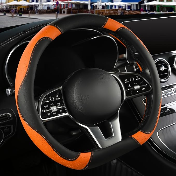 Black Orange Microfiber Leather D Shaped Steering Wheel Cover | Breathable Anti Slip Grip Cool Sporty Look Glow for Women Men