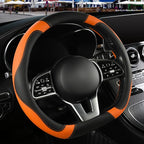 Black Orange Microfiber Leather D Shaped Steering Wheel Cover | Breathable Anti Slip Grip Cool Sporty Look Glow for Women Men