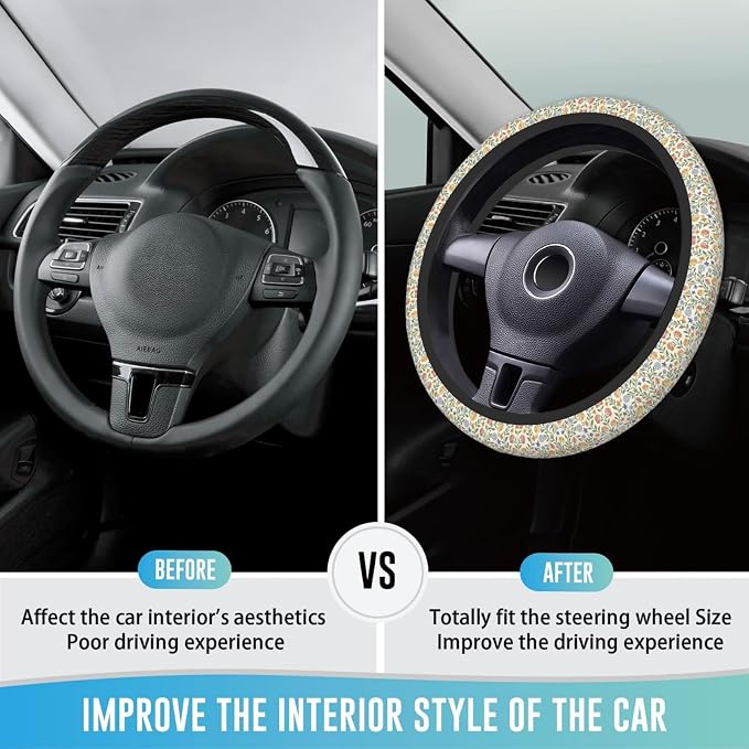 Elastic Steering Wheel Cover Car Accessories Cute Universal 15 Inch Absorbing Sweat Non-Slip Breathable for Woman - Green Floral
