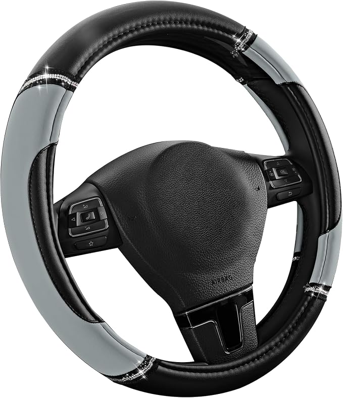 Leather Steering Wheel Cover - Made with PVC Leather - Anti-Slip, Universal Fit 14 1/2 inches to 15 inches - Gray
