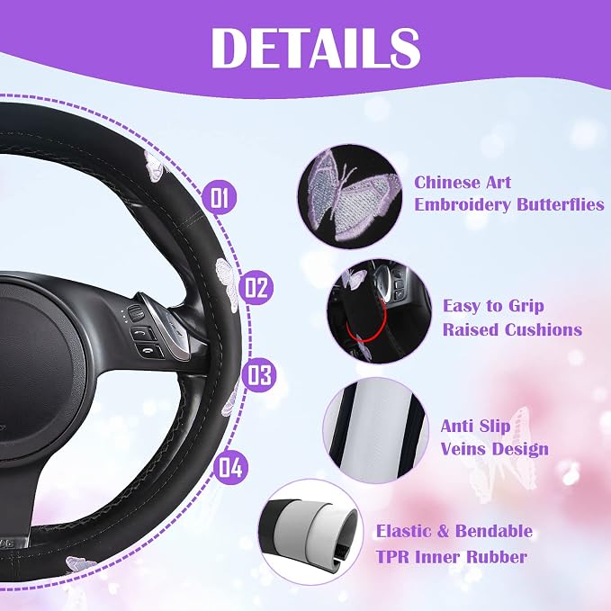 Purple Embroidery Butterfly Steering Wheel Cover, Universal 15 Inch Car Wheel Cover for Women Girls, Fit for Suvs,Small Trucks,Sedans,Cars (Black and Purple)