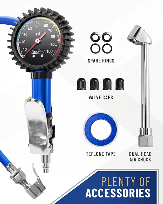 Tire Inflator with Pressure Gauge and Longer Hose - Most Accurate, Heavy Duty Air Chuck with Gauge for Air Compressor Tire Inflator Attachment - 100PSI