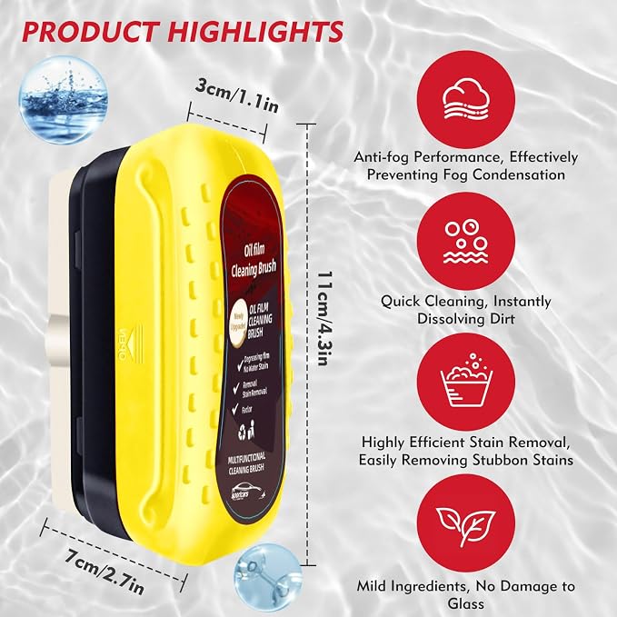 Automotive Oil Film Cleaning Brush with Reusable Foam Sprayer, Upgraded Antifog Glass Cleaning Board, Glass Oil Film Remover for Car Windows & Windshields, Versatile Car Glass Cleaner Brush (Yellow)