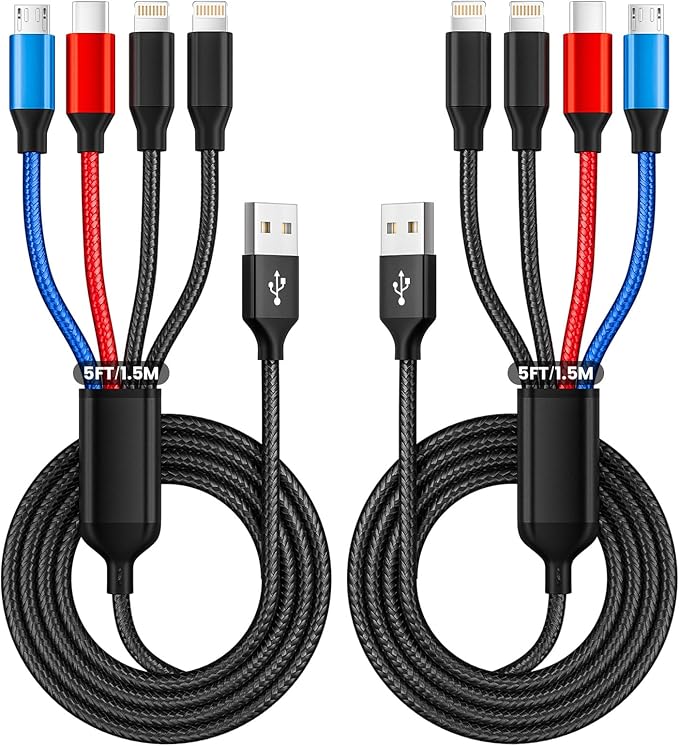 Travel 4 in 1 Multi Charging Cable with Dual IP/Type C/Micro USB, 2Packs 5FT Car Accessories iPhone Charger Cord for Multiple Devices, Universal USB Cable for iPhone17-8/iPads/Tablets and More