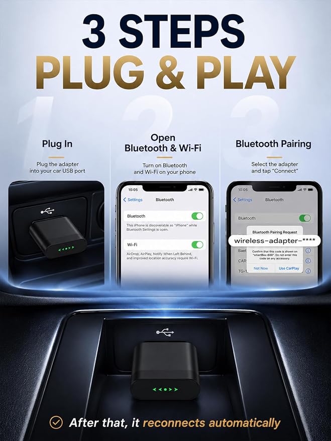 Wireless CarPlay Adapter for iPhone, Wired to Wireless CarPlay Dongle, Gold-Plated USB for Stable Connection, No Lag & Auto Reconnect in 5s, Mini Size Plug & Play, OEM Wired Cars 2016+ | USB-A/C Mini Car Dongle | Gold-Plated USB Connector | Bluetooth 5...