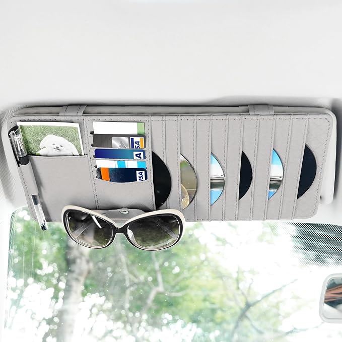 Sun Visor CD Case Holder for Car - Multi-Function Visor Organizer with CD/DVD Storage, Eyeglass Clip, Card Slots & Pen Holder, Durable Leather Car Accessories (Grey)